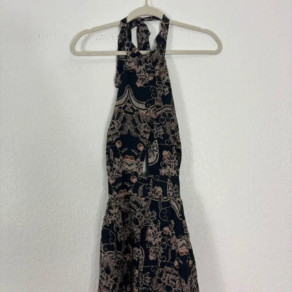 Free People Kissing Sunlight Halter Pants Jumpsuit Black w/ Brown Floral Medium